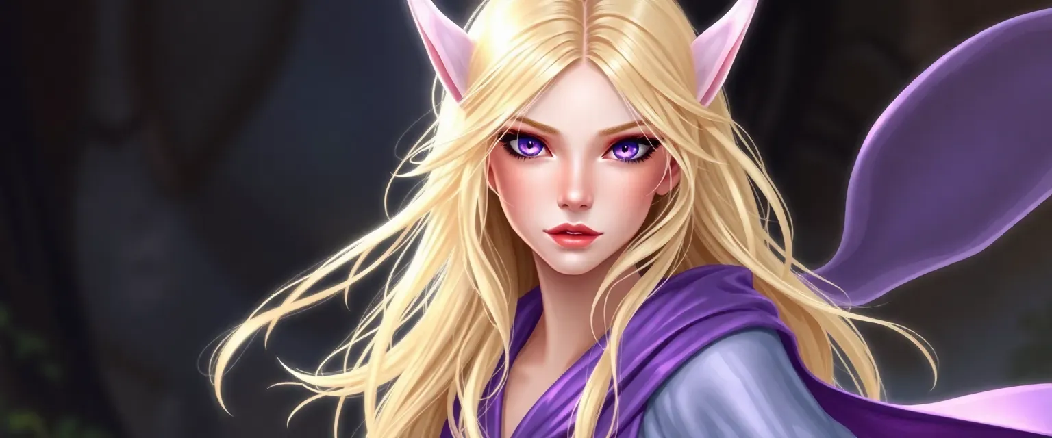 Blond Light Fae with violet eyes, wearing a flowing robe of purple and white.