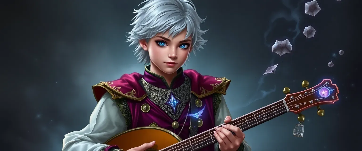 Young bard with silver hair and sparkling eyes, wearing a vibrant velvet doublet and holding a magical lute.