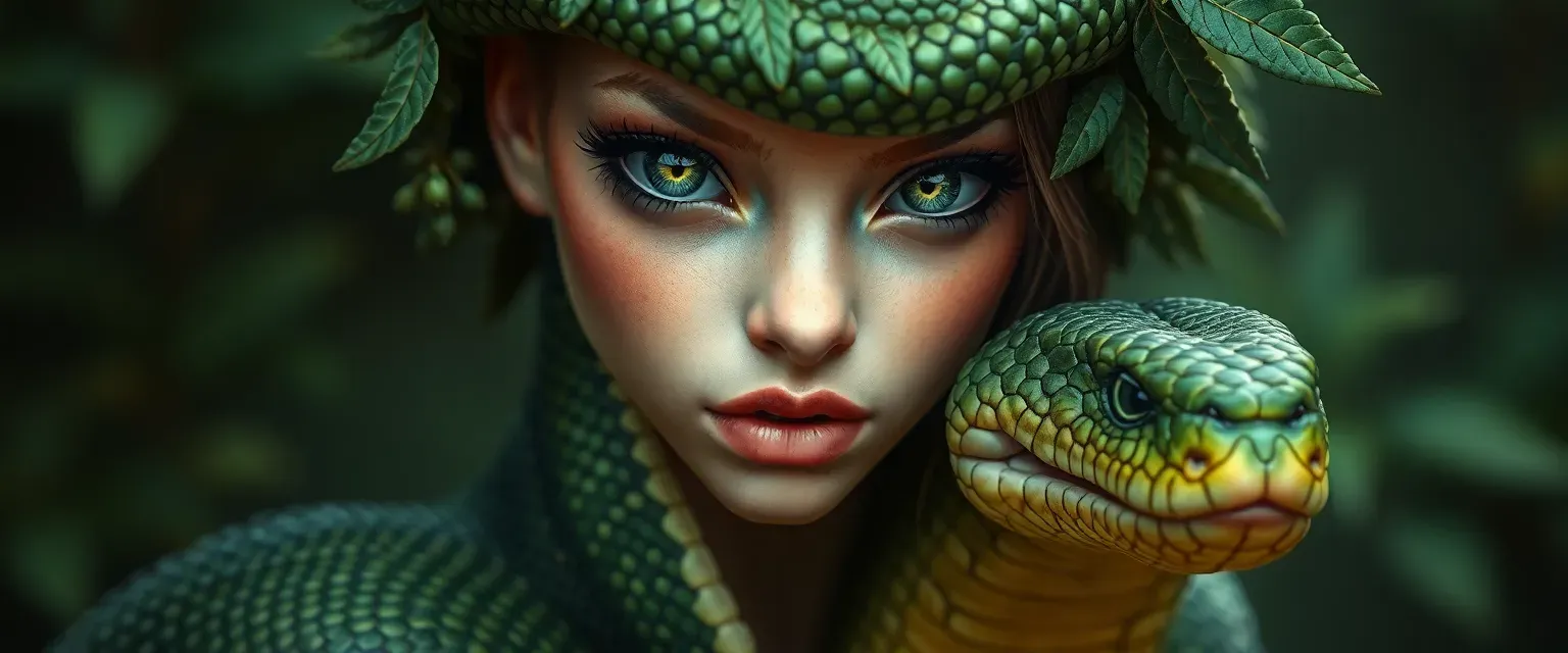 Snake girl with green eyes, scaly body, and hair like foliage, exuding a predatory elegance.