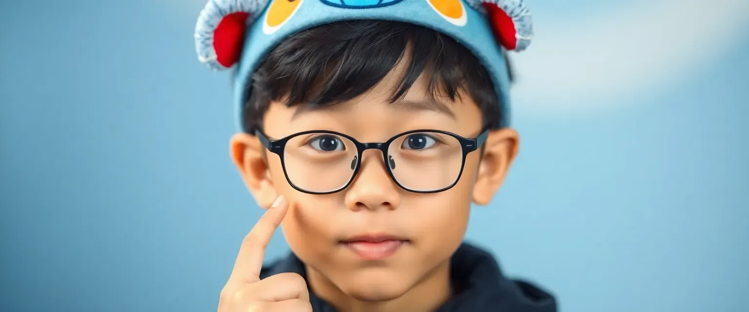 A 14-year-old Chinese-Sudanese boy named JingJing wears glasses and an Aquapets headband with wiggling ears. Mute since birth, he uses sign language and a special device translating lip movements into sound.