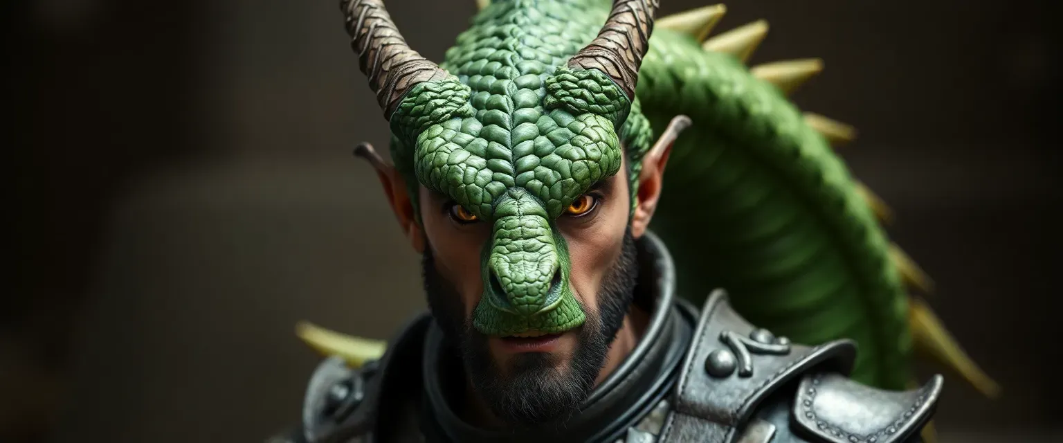 A man with a dragon's head, green scales, fierce eyes, muscular build, leather and steel armor.