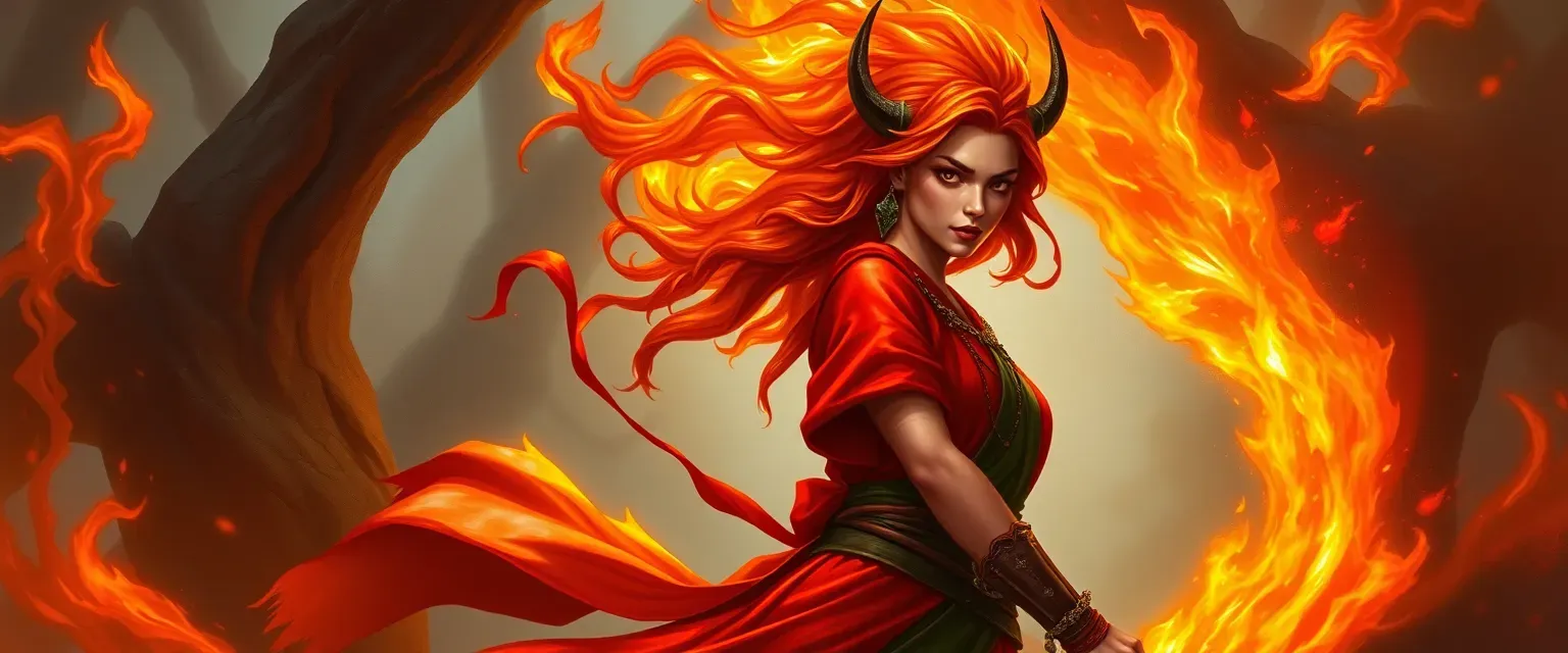 25-year-old fire genasi female, 5'2", aristocratic druid in crimson-gold robes, skin and hair shifting fiery colors with mood, obsidian circlet, lithe and graceful.