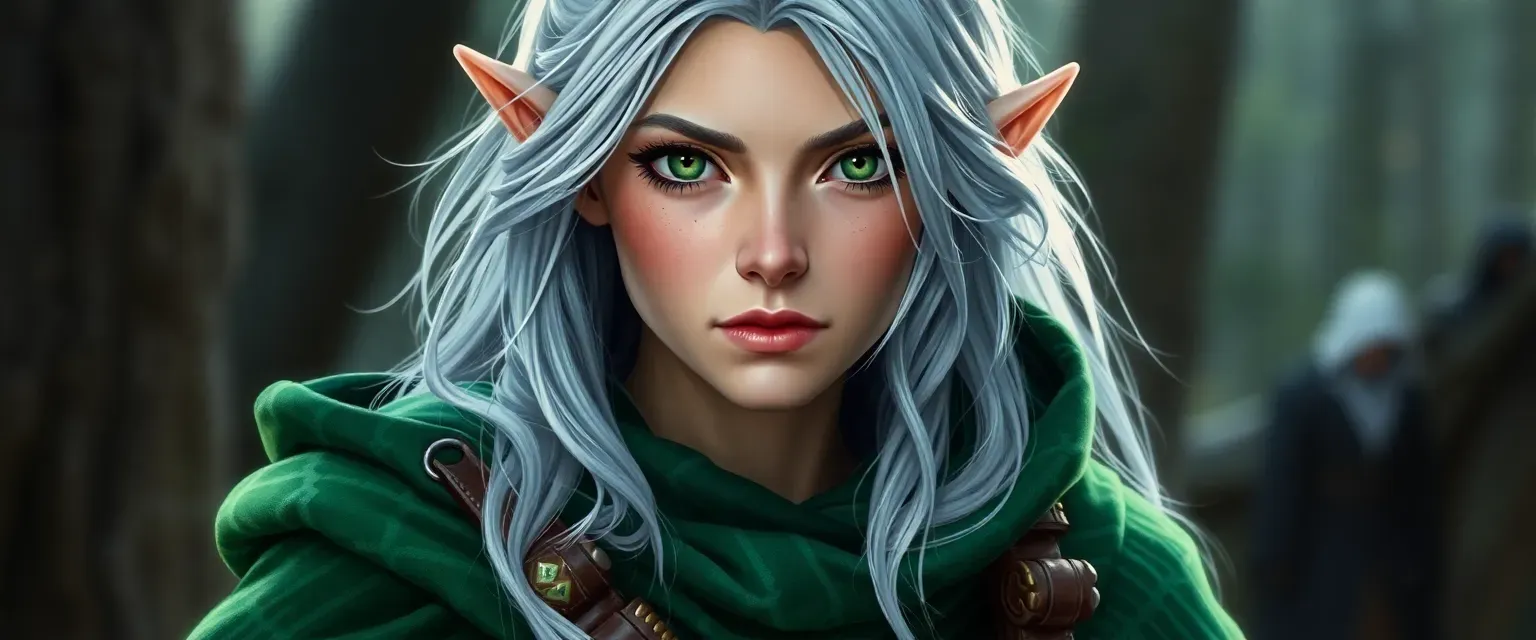 23-year-old female elf druid with silver hair and green eyes, wearing a green cloak and leather pouches, slightly clumsy.