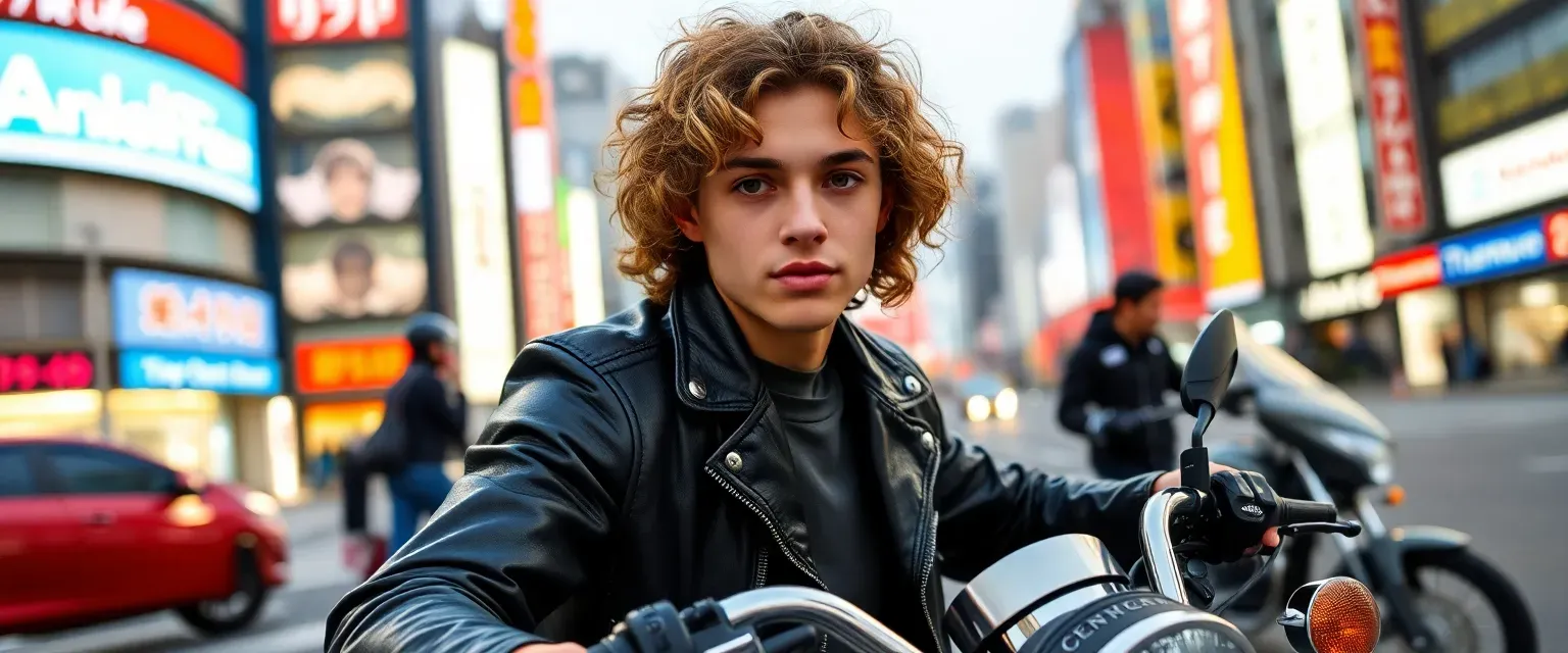 19-year-old Texan with curly sandy hair, hazel eyes, wearing a leather jacket and jeans, on a motorcycle in Tokyo.