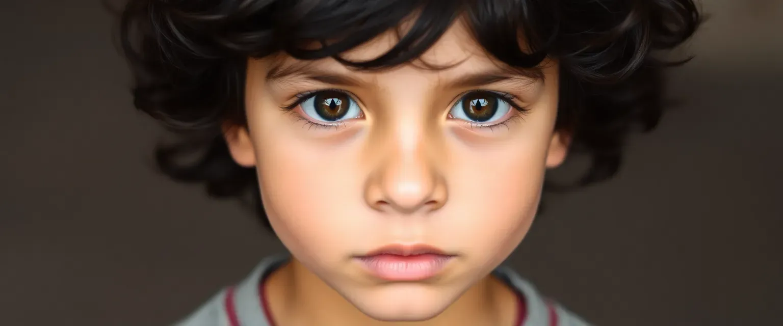 Seven-year-old boy with dark, unruly hair and deep, curious eyes, wearing simple, clean clothes.