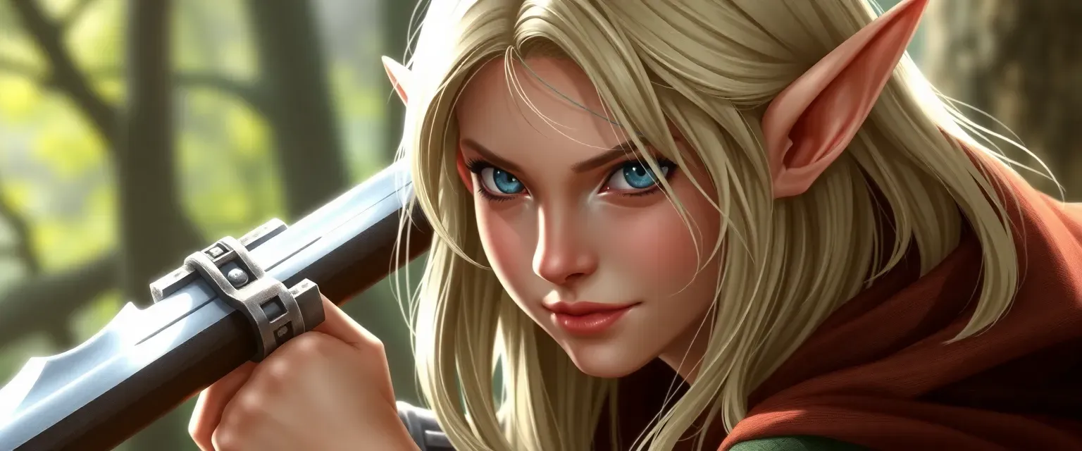 Female elf, 5'9", 120 lbs, pale skin, silver-grey eyes, light blond waist-length hair, left-handed, high-pitched voice, carefree expression.