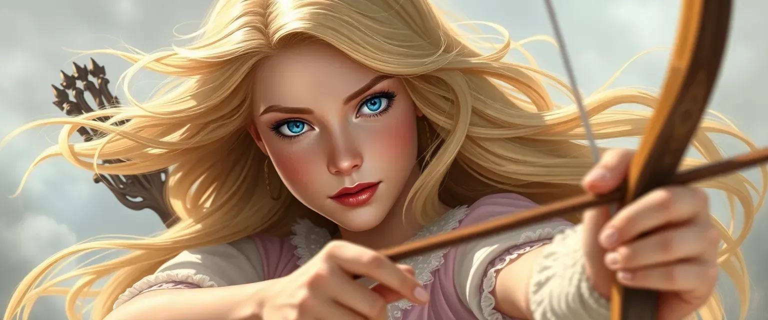 19-year-old Princess Emma with flowing golden hair, blue eyes, in pastel gowns, skilled with a bow.