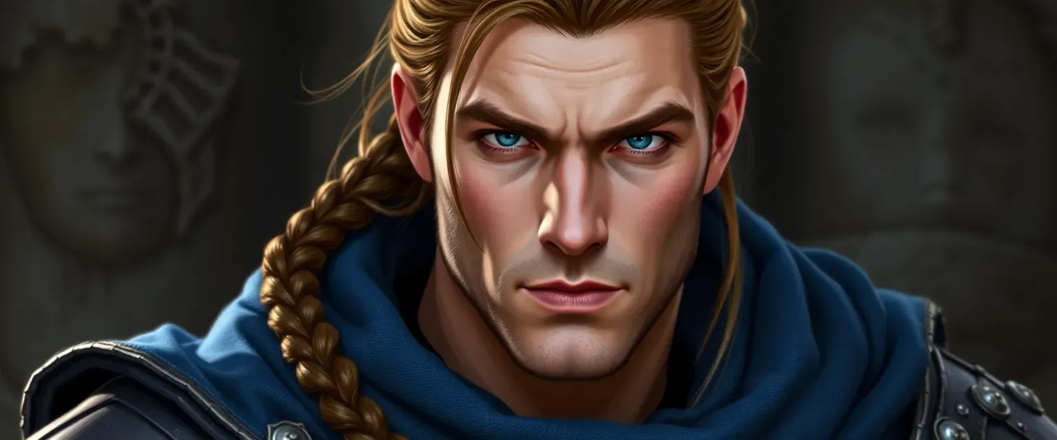 Mid-20s man, muscular, 6ft, chestnut hair in braid, gray eyes, blue clerical robes with silver, worn armor.