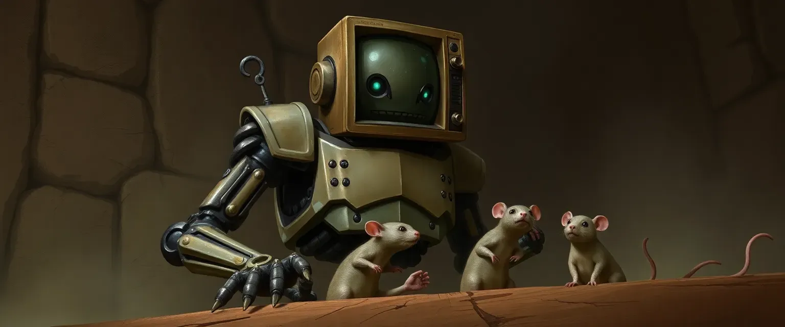 Warforged with a TV head, human-like limbs, living in Semontium with three pet mice.