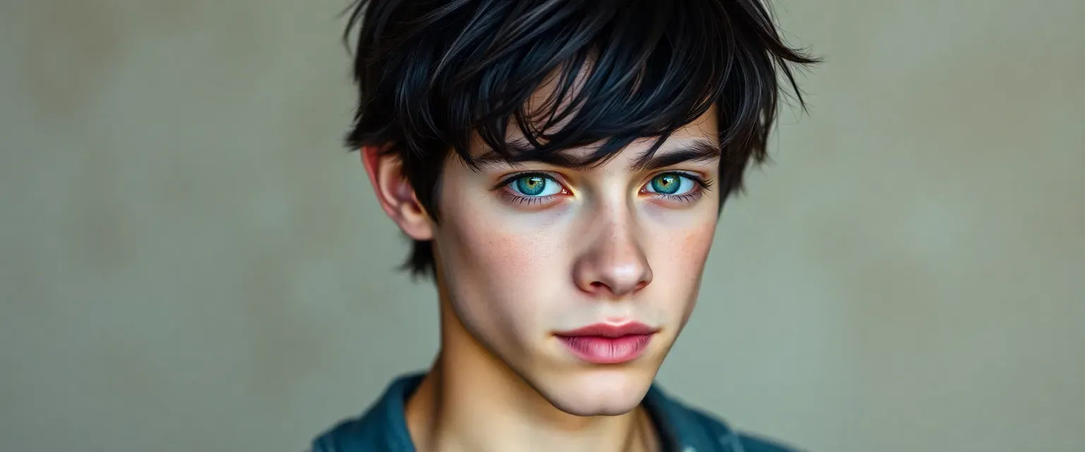 A slim 17-year-old boy with black tousled hair, green eyes like emeralds, wearing casual, well-worn clothing.