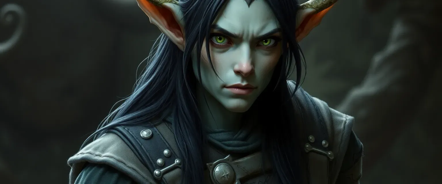Indeterminate-aged changeling with shifting features, green eyes, long dark hair, wearing practical leather and cloth with protective symbols.