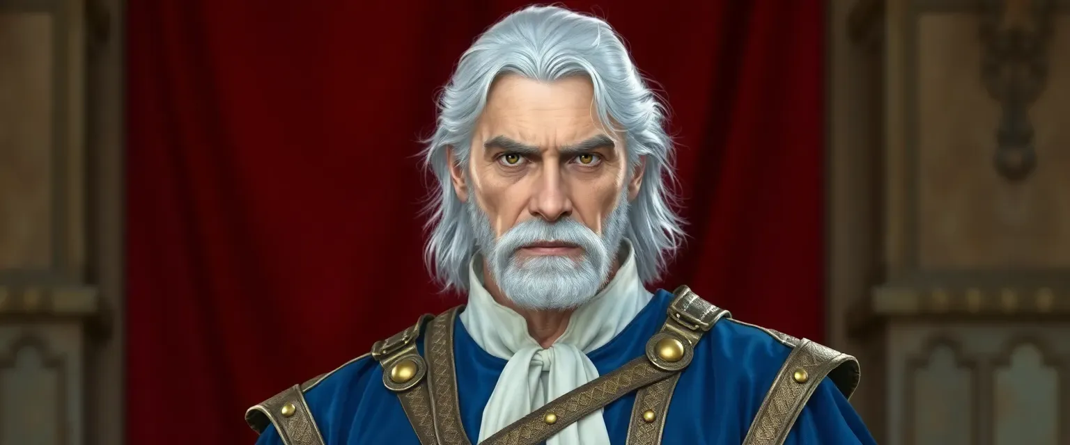 Middle-aged man with silver hair, blue tunic, gold belt, formal medieval court attire, sharp eyes.