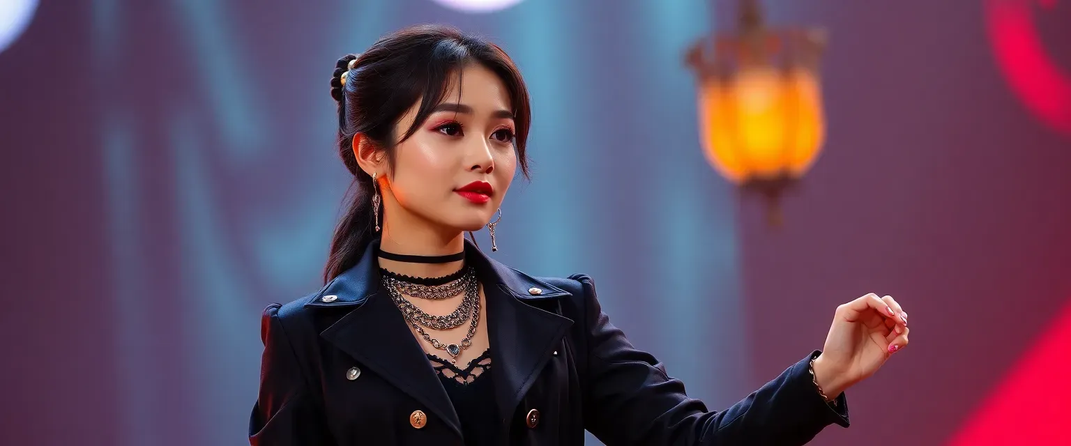 22-year-old female K-pop idol, stylish with a captivating stage presence, leader of her group.