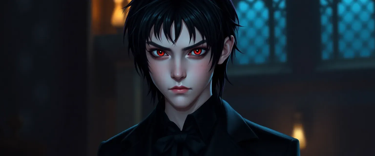 15-year-old vampire with pale skin, black hair, crimson eyes, wearing a dark Nocturne Academy uniform.