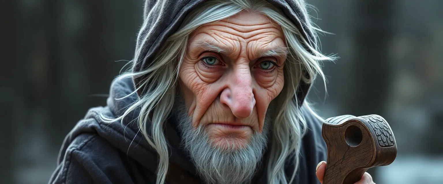Elderly Slavic witch with white hair, wrinkled skin, hooded cloak, and a long crooked nose, leaning on a wooden cane.