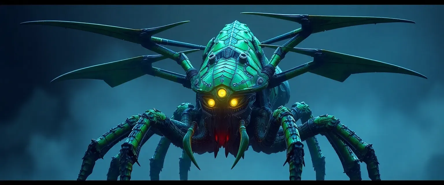 A monstrous helicorpion with green chitinous armor, glowing eyes, and rotor blades, embodying terror and power.