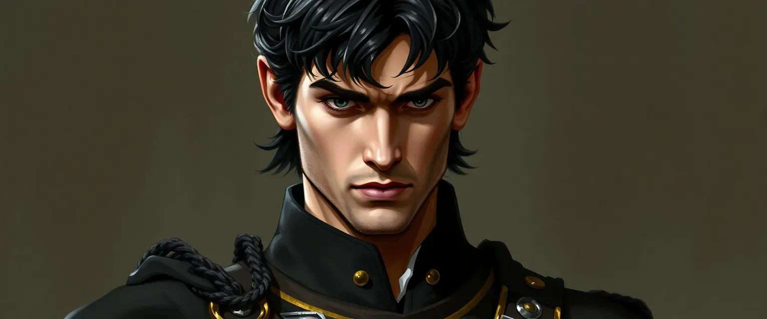 Mid-twenties prince with dark, unkempt hair, aloof expression, wearing royal attire.
