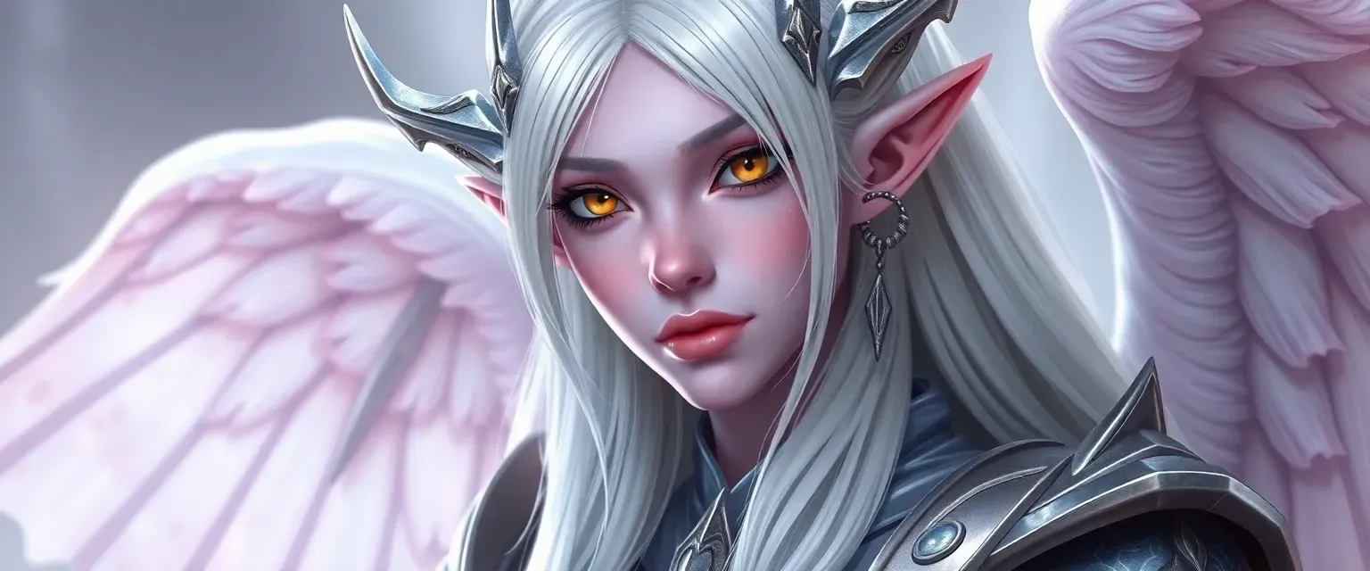 Pale pinkish purple skin, long white hair, pointed ears with silver ornaments, yellow irises with black sclera, sheer robes over celestial armor.