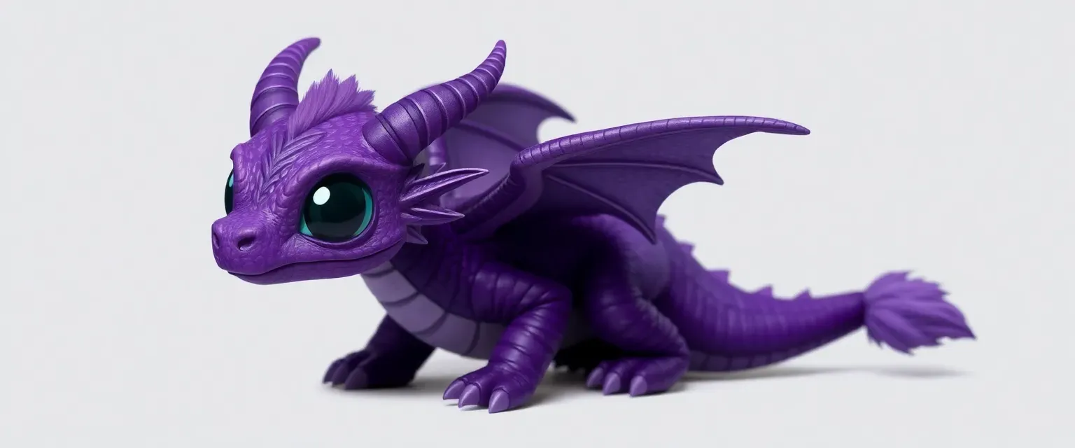 Small purple dragon with curved horns, feathered wings, big black eyes, and a fluffy feathered tail tip.
