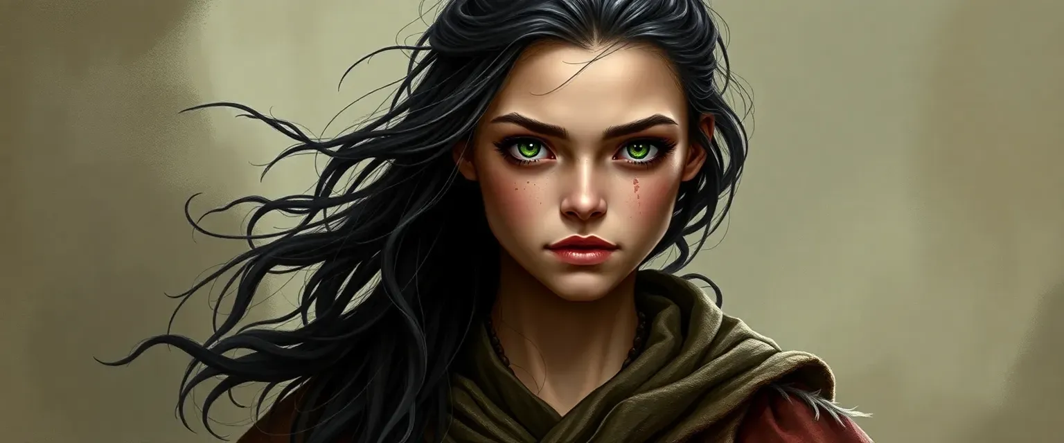 Young woman with tangled dark hair, green eyes, a facial scar, wearing tattered earthy robes.