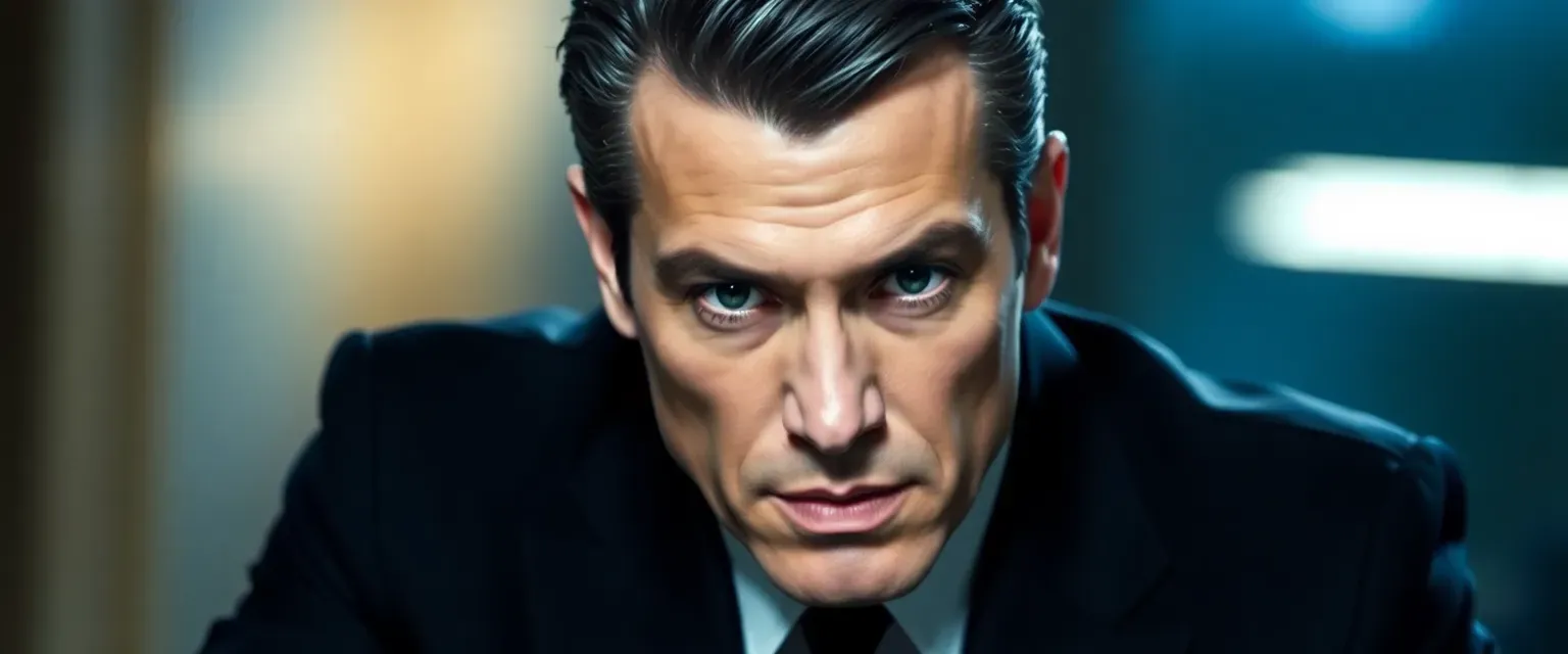 Mid-30s gangster with slicked-back dark hair and a silver streak, piercing green eyes, wearing a sharp black suit.