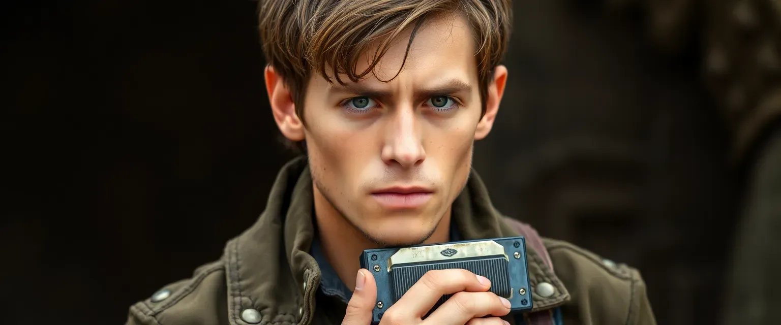 Young man with unkempt brown hair, scarred jaw, wearing a worn military jacket and carrying a harmonica.