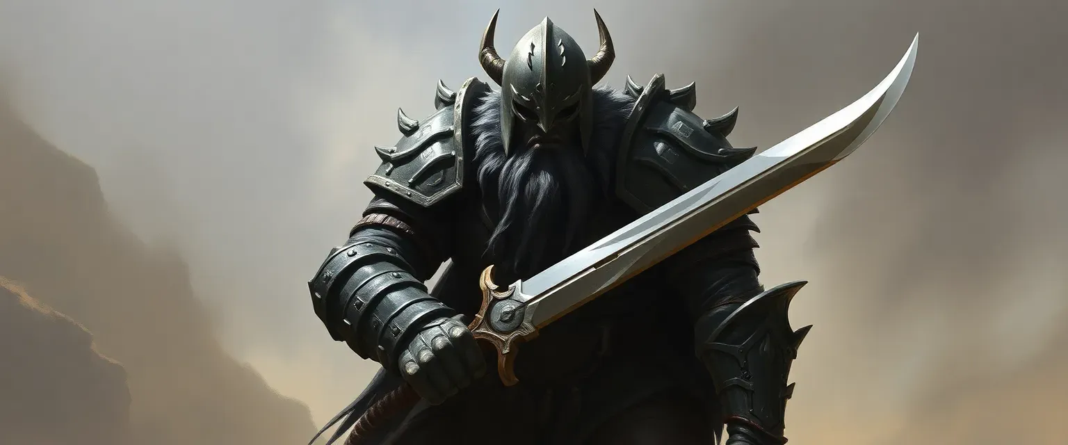 Large, imposing figure in rough grey armor, helmeted, wielding two large twin swords.