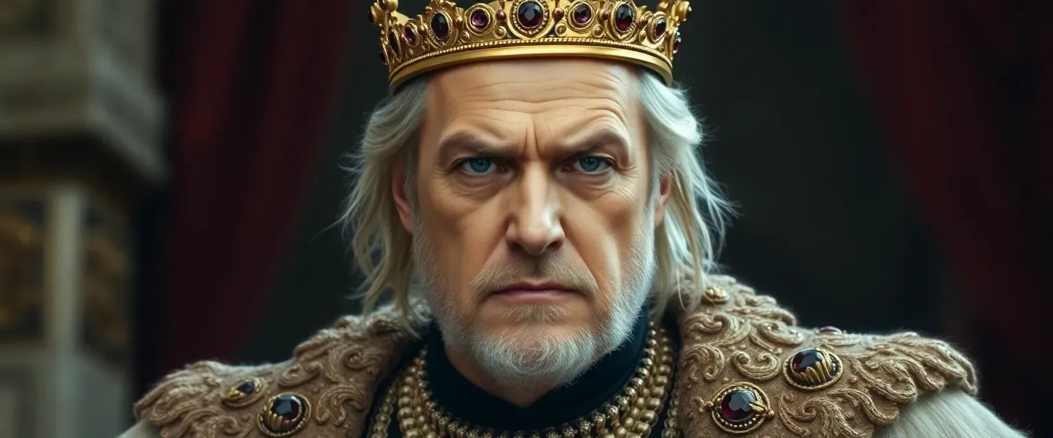 A middle-aged king with nearly-bald dirty blonde hair, wearing ornate royal robes. Average build, neither fat nor thin, with sharp features and calculating eyes. Golden crown adorned with rubies.