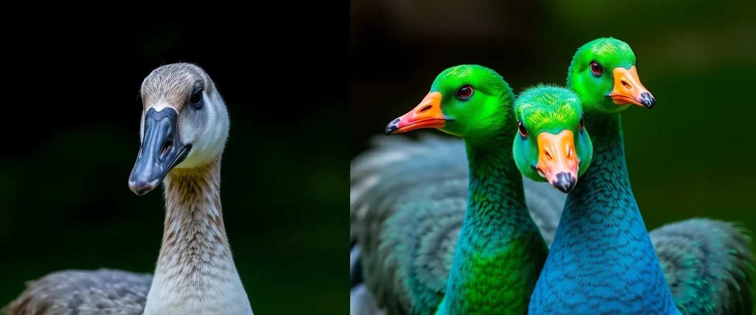Gray and white goose with an unusually long neck, wise eyes. Vibrant green and blue goose with two heads, each with distinct expressions.