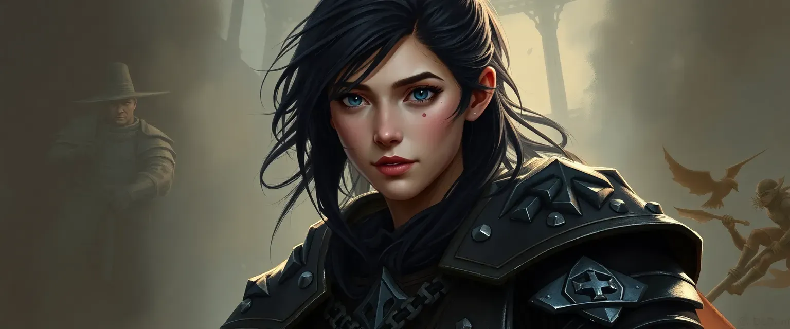 Late twenties, female paladin in gothic armor, black hair, blue eyes, scar on left cheek.