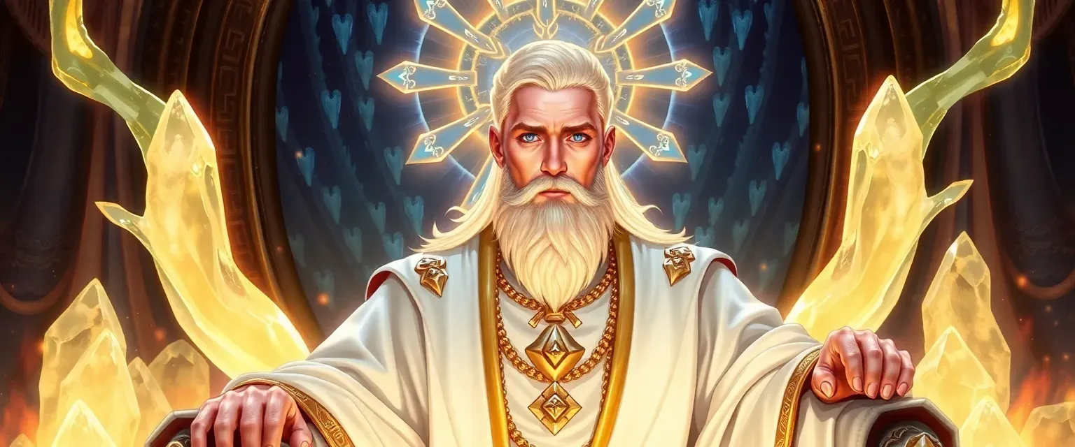 A radiant deity with short beard and hair, pale skin, blue eyes, seated on a crystalline throne, wearing white and gold robes.