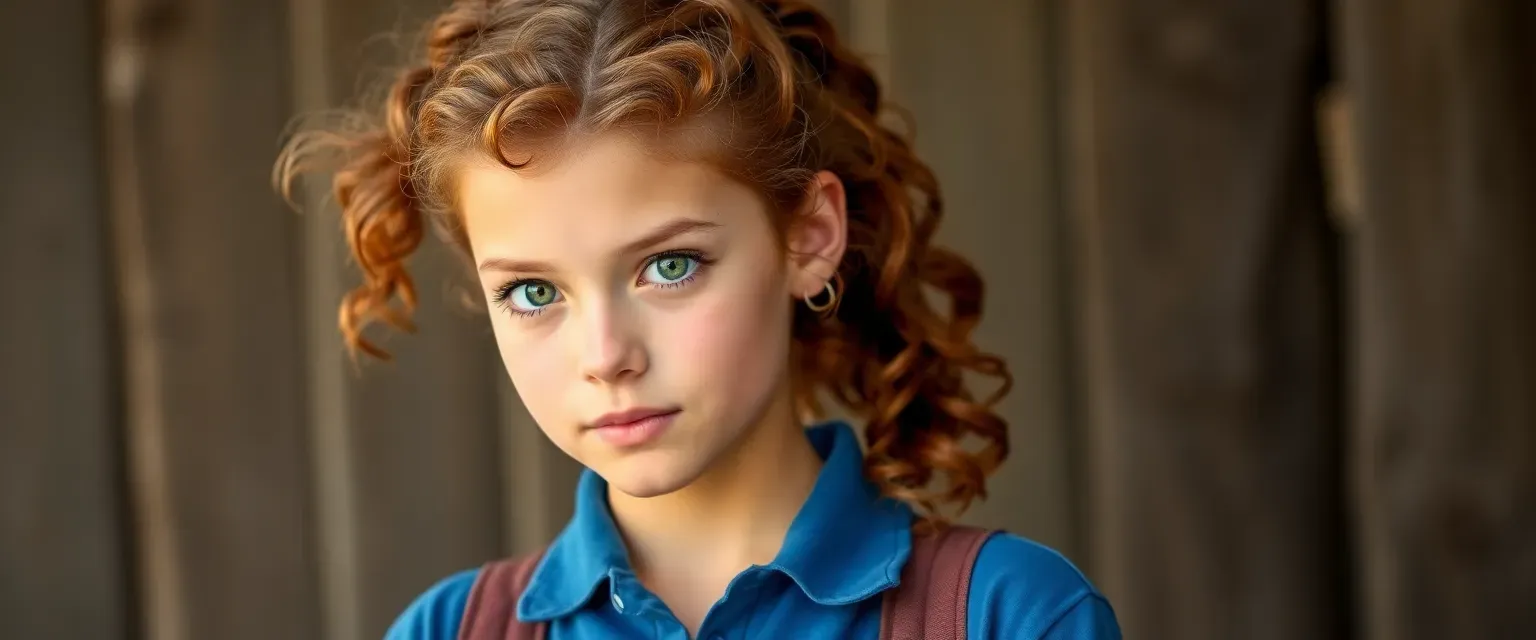 Seventeen-year-old girl with curly auburn hair in a ponytail, piercing green eyes, wearing camp uniform of khaki shorts and blue polo shirt.