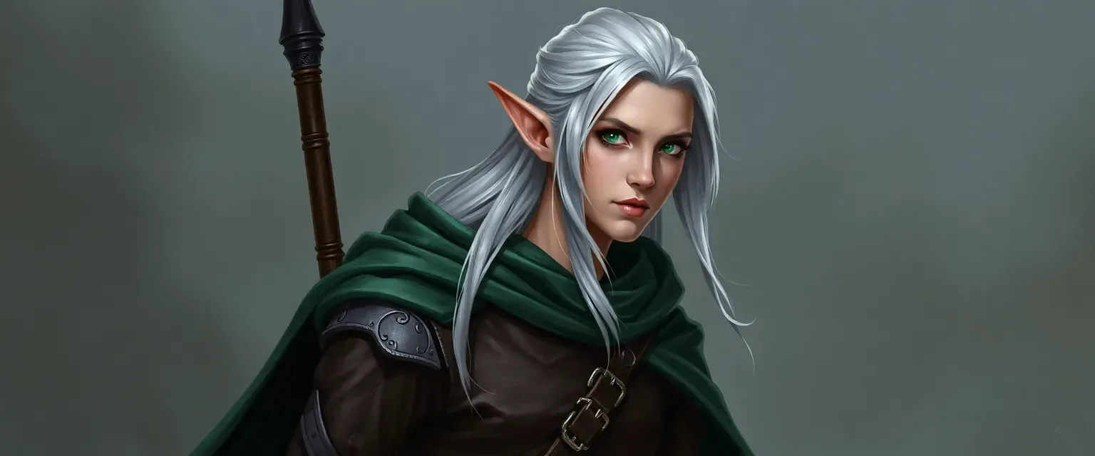 Tall, lean high elf with silver hair and emerald eyes, wearing a worn leather tunic and green cloak, carrying a glaive.