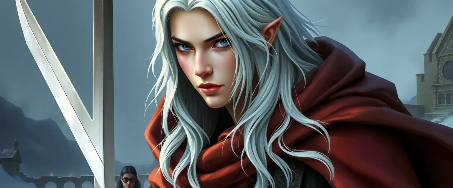 Silver-haired Aasimar with white eyes, dressed in traveler's cloak, carrying a sword.