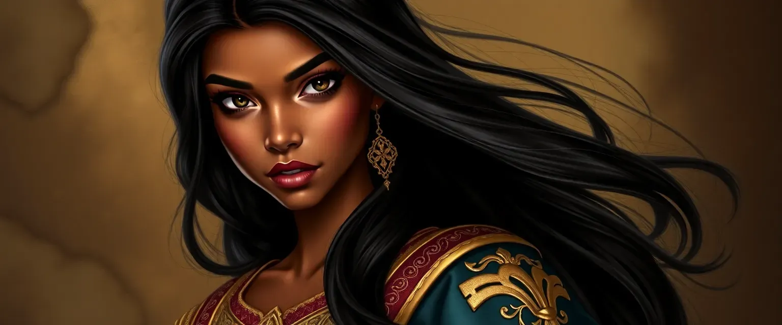 14-year-old Sahar with flawless honey-olive skin, long ebony hair, and sharp features, dressed in royal silks with gold embroidery.