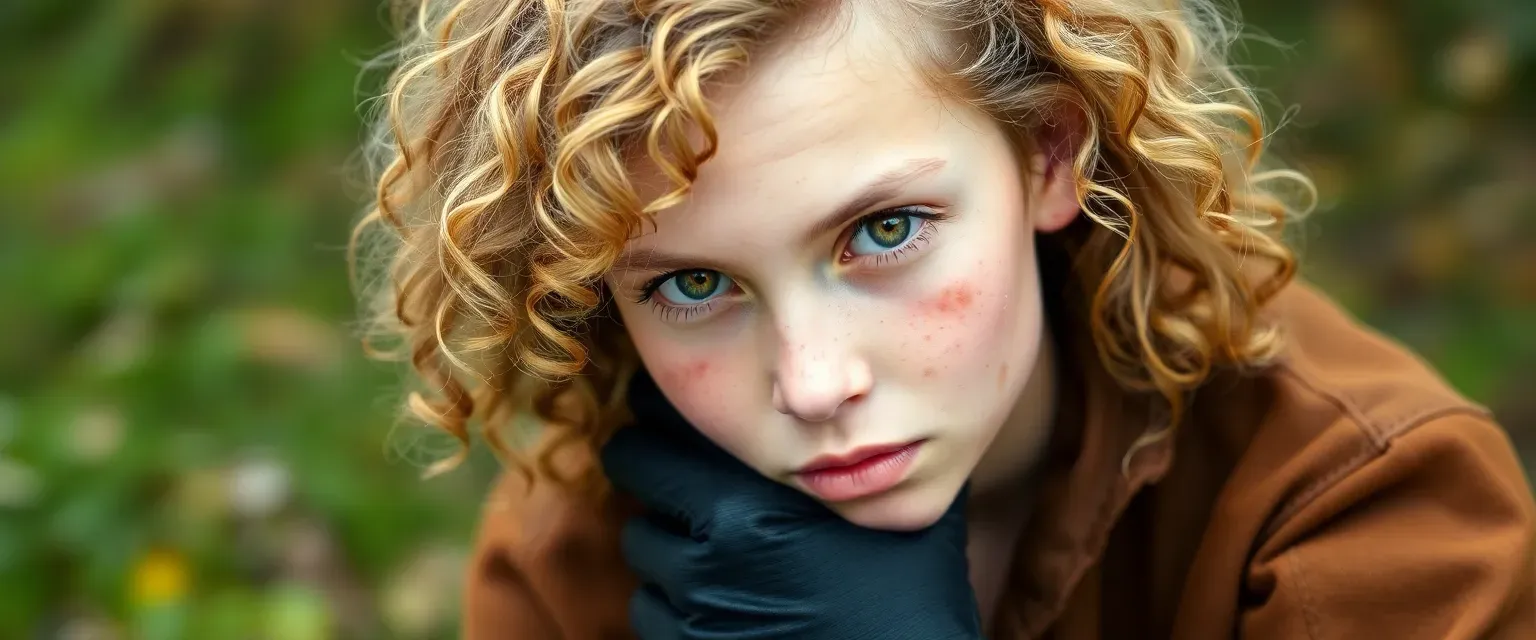 17-year-old with curly dirty blonde hair, golden eyes, freckles, wearing Scout leathers: brown tunic, pants, boots, black gloves.