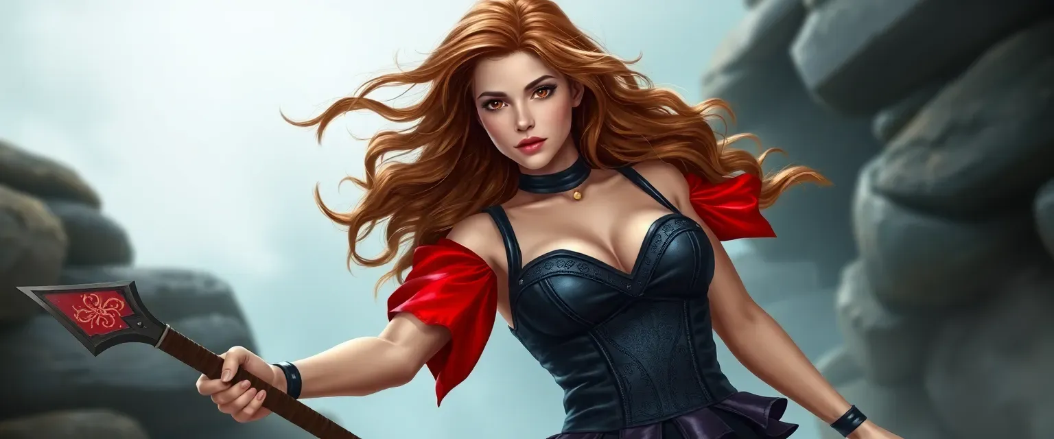 20-year-old human wizard with brown eyes, hourglass figure and giant breasts, in tight skimpy black and red magical girl outfit: leather corset, short frilled skirt, auburn hair in waves.