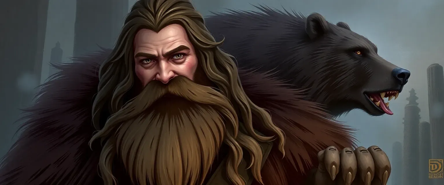 8-foot tall man with long hair, beard, pale skin, raised by bears.