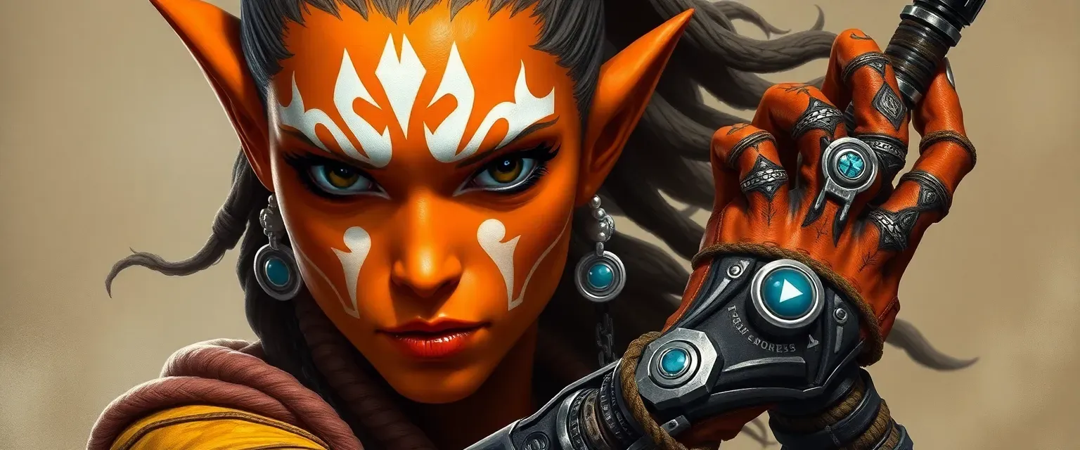 Orange-skinned Togruta Jedi with white markings, intricate tattoos on montrals, mechanical left hand.