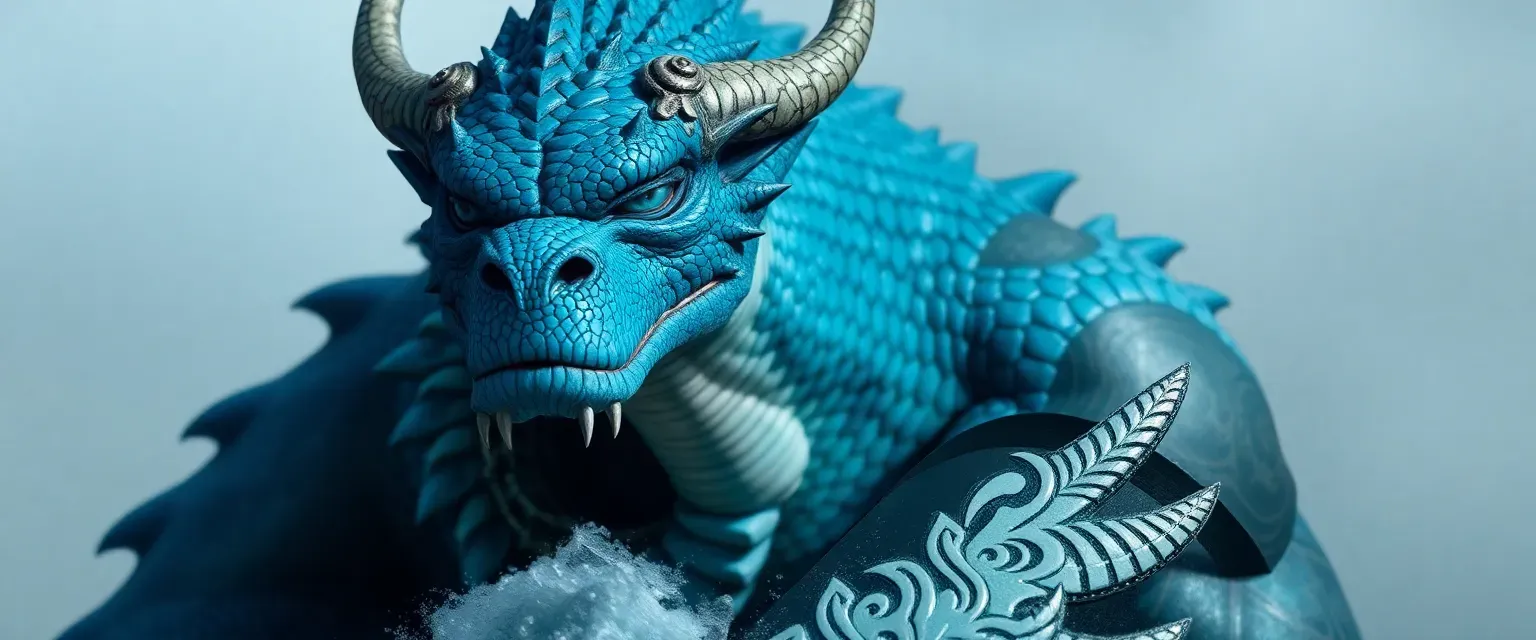 Blue Dragonborn barbarian with ocean-hued scales, tribal tattoos, and electric blue eyes, standing seven feet tall.