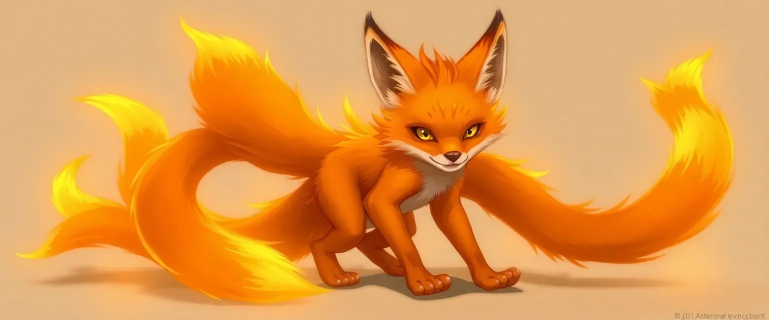 Fiery orange fox boy with nine glowing tails, amber eyes, barefoot and playful.