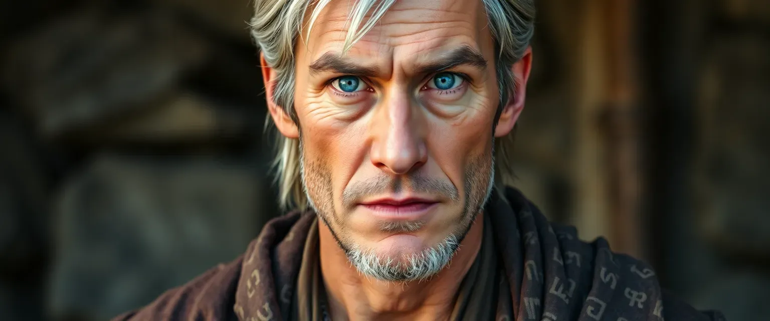 A lean, forty-two-year-old man with weathered skin, silver-streaked hair, and piercing blue eyes, wearing earth-toned robes with magical runes.