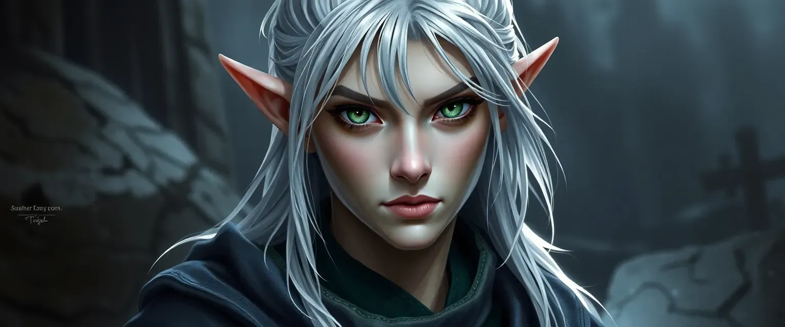 Half-elf reborn, silver-haired with green eyes, wearing monk robes, subtle pointed ears.