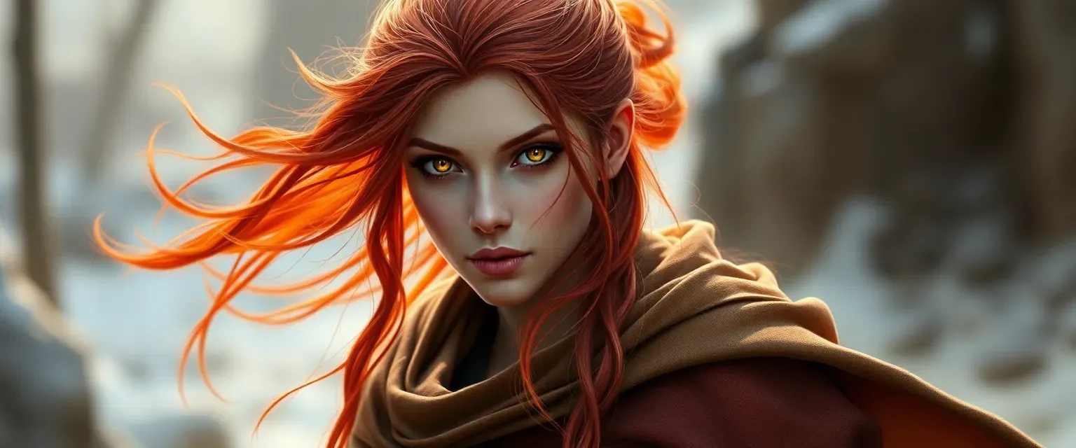 28-year-old Eladrin woman with fiery red hair and sunlit eyes, wearing a mood-changing cloak.