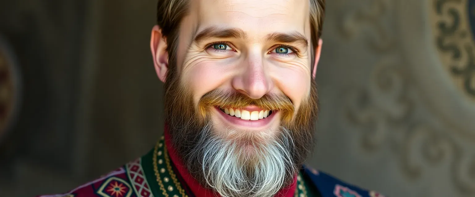 Mid-thirties man with a neat beard and vibrant traditional Slavic clothes, always clean with a constant grin.