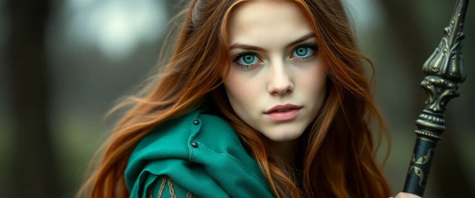 Young woman with long chestnut hair and green eyes, wearing a tattered emerald robe, holding a staff.