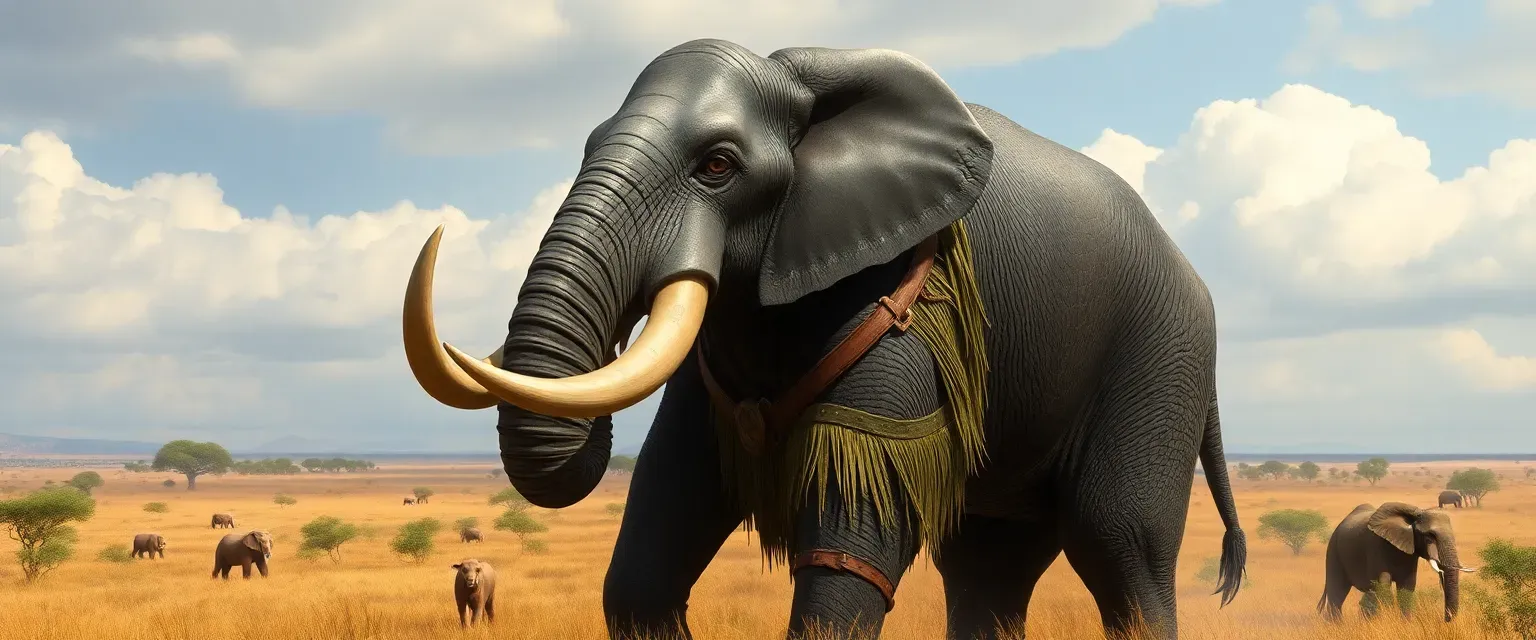 Towering loxodon elephant-man, 9 feet tall, gray scarred hide, curved tusks, amber eyes, wearing leather armor and grass cloak, standing resolute on savanna.