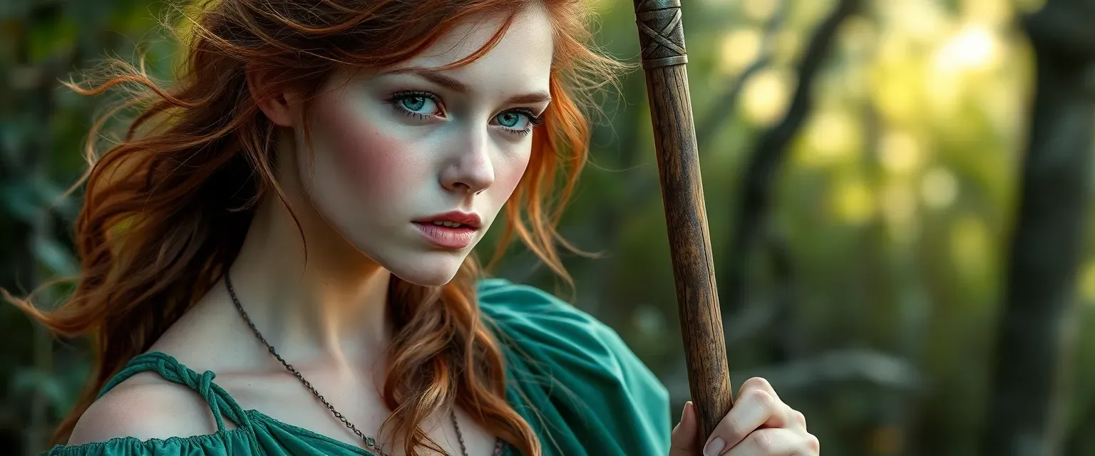 A 20-year-old ethereal woman with porcelain skin, freckles, wild auburn hair, emerald eyes; wearing tattered emerald silk dress, holding oak staff; exhausted yet innocent expression in wilderness setting.