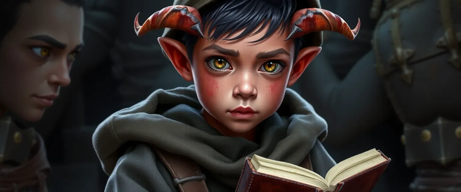 Young tiegling wizard with crimson skin, amber eyes, and small horns, wearing a worn robe and carrying a leather tome.