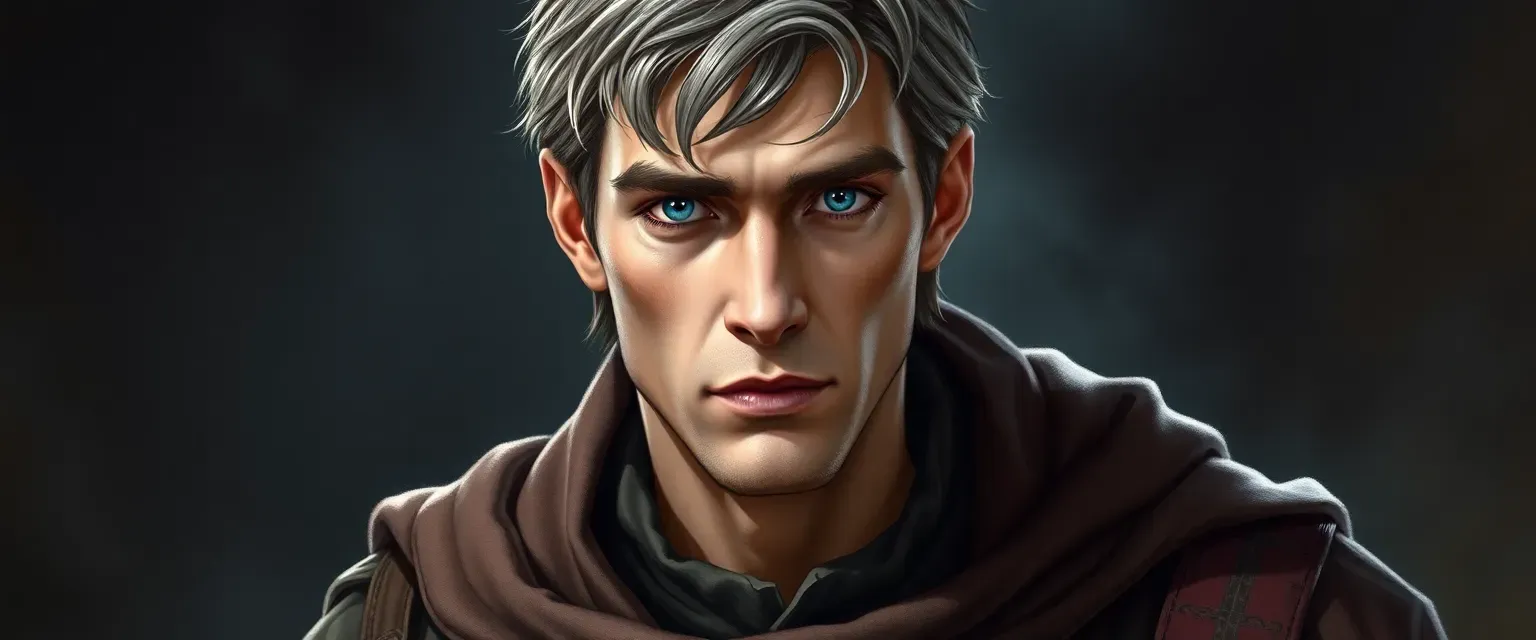 Tall, lean man in his early 30s with gray-brown hair and piercing blue eyes, wearing tattered clerical robes.